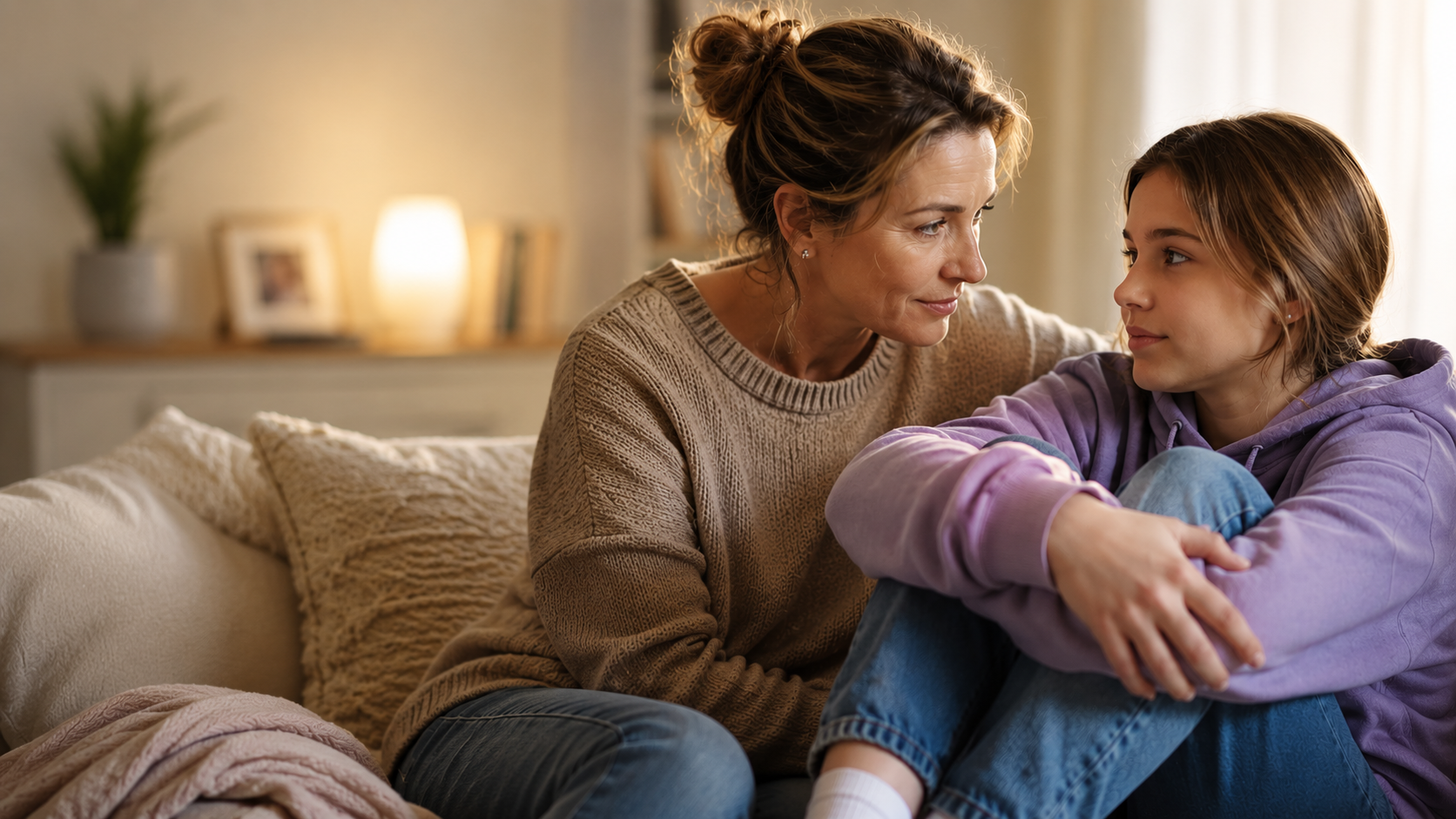 Une mère et sa fille adolescente assises, en train de se regarder et de discuter
